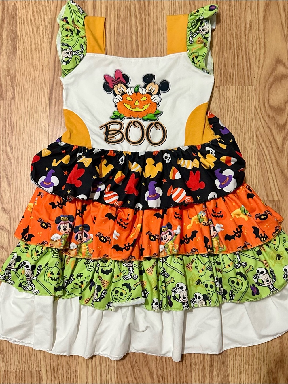 Halloween Ruffle Dress Costume - Orange, Green, Black "Boo" Pumpkin Design